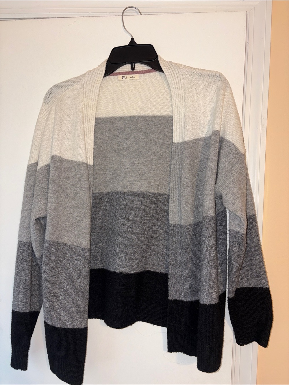 Open-Front Striped Knit Cardigan Sweater - White, Gray & Black